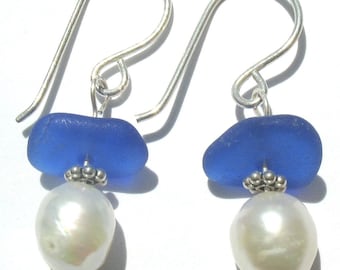 Sea Glass Jewelry, Cobalt Blue Ocean - Genuine Beach Glass Earrings - Sterling Silver and Fresh Water Pearls, Jewellery, Seaglass