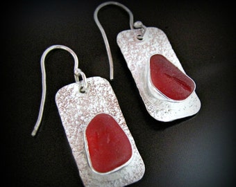 Sea Glass Earrings, Rare Red Seaglass, Sea glass Jewelry - Fine Silver, Sterling Silver, Beach Glass