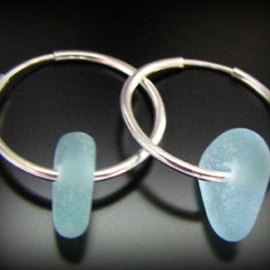 Sea Glass Jewelry, Aqua Blue Genuine Sea Glass, Seaglass Earrings Sterling Silver Hoops, Jewellery, Beach Glass image 1