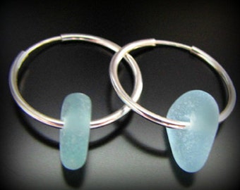 Sea Glass Jewelry, Aqua Blue - Genuine Sea Glass, Seaglass Earrings - Sterling Silver Hoops, Jewellery, Beach Glass