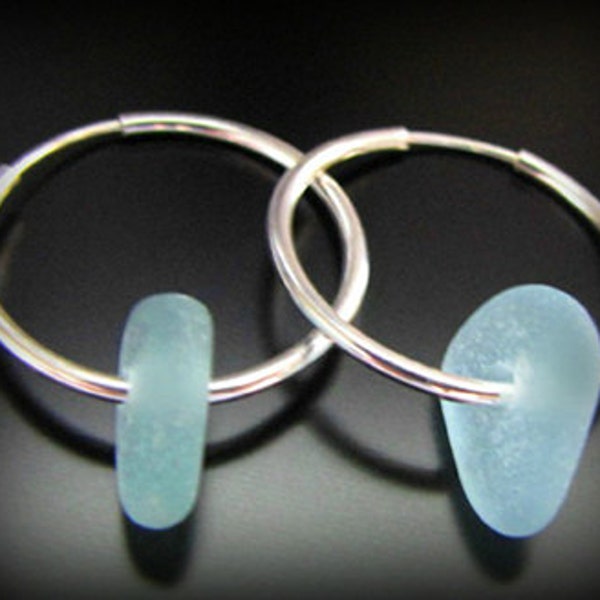Sea Glass Jewelry, Aqua Blue - Genuine Sea Glass, Seaglass Earrings - Sterling Silver Hoops, Jewellery, Beach Glass