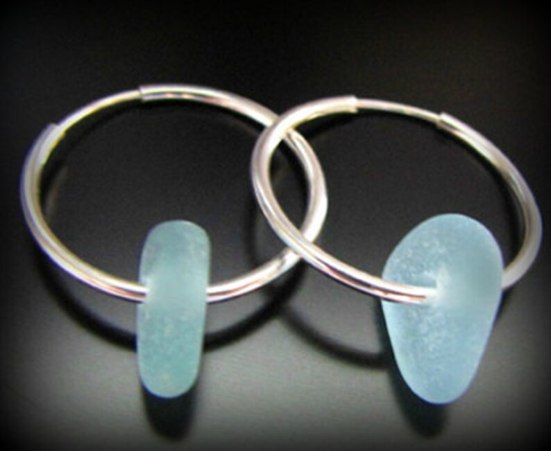 Sea Glass Jewelry, Aqua Blue Genuine Sea Glass, Seaglass Earrings Sterling Silver Hoops, Jewellery, Beach Glass image 1