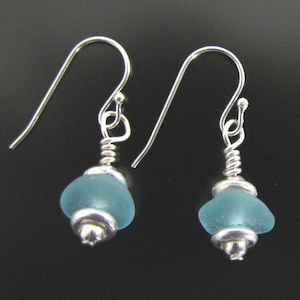 Aqua Blue Sea Glass Earrings, Sterling Silver, Ocean Baubles, Seaglass jewelry, beach glass earrings