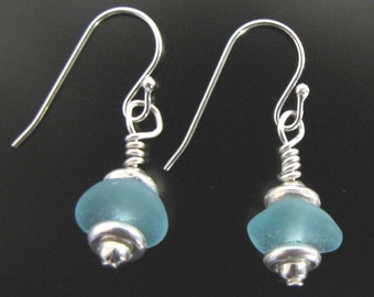 Aqua Blue Sea Glass Earrings, Sterling Silver, Ocean Baubles, Seaglass jewelry, beach glass earrings