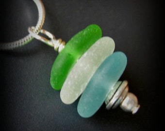 Genuine Sea Glass Jewelry, Beach Combed Blue, Green, White Sea Glass Necklace - Sterling Silver, Seaglass Necklace