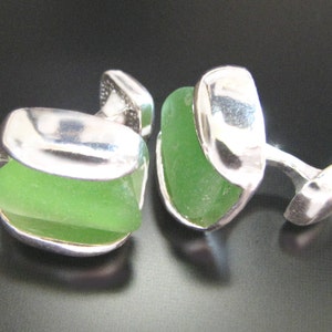 Sea Glass Jewelry, For Him, Emerald Green, Holiday, Seaglass Cufflinks Sterling Silver Wedding, Groom Jewelry, Jewellery, Beach Glass image 2