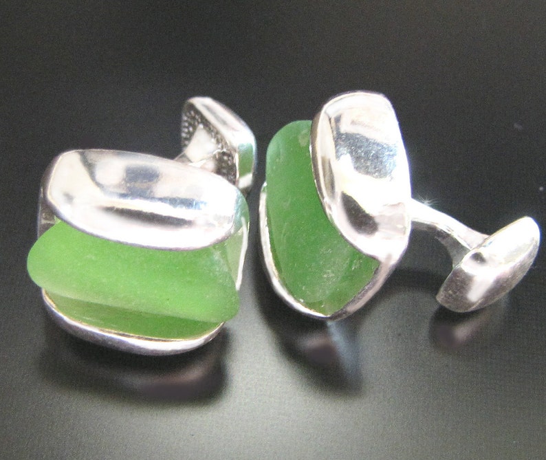 Sea Glass Jewelry, For Him, Emerald Green, Holiday, Seaglass Cufflinks Sterling Silver Wedding, Groom Jewelry, Jewellery, Beach Glass image 2