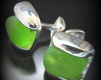 Sea Glass Jewelry, For Him, Emerald Green, Holiday, Seaglass Cufflinks - Sterling Silver - Wedding, Groom Jewelry, Jewellery, Beach Glass