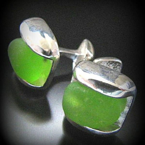 Sea Glass Jewelry, For Him, Emerald Green, Holiday, Seaglass Cufflinks - Sterling Silver - Wedding, Groom Jewelry, Jewellery, Beach Glass