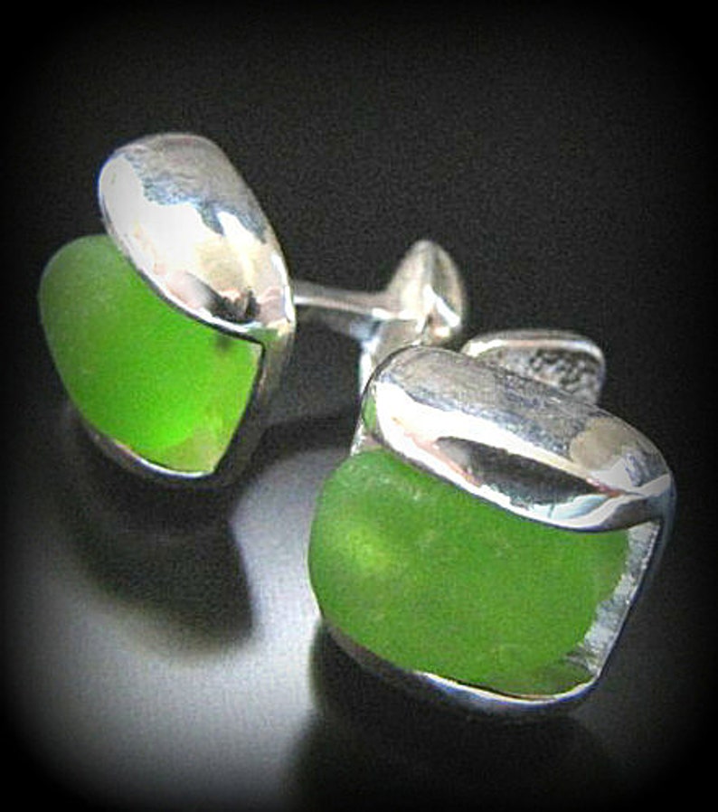 Sea Glass Jewelry, For Him, Emerald Green, Holiday, Seaglass Cufflinks Sterling Silver Wedding, Groom Jewelry, Jewellery, Beach Glass image 1