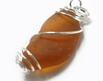 Genuine Beach Combed Sea Glass Pendant - Amber Brown Spiral - Sterling Silver Jewelry, Beach Glass Jewelry, Seaglass