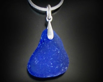 Cobalt Blue Mermaid Tear - Genuine Sea Glass Jewelry, Seaglass Necklace, Blue Beach glass, Sterling Silver, Snake Chain