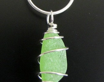 Genuine Beach Combed Lime Green Sea Glass Necklace - Sterling Silver, seaglass, jewelry, beach glass