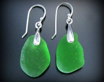 Emerald Green Mermaid Tears, Genuine Sea Glass Jewelry, Earrings, Sterling Silver, French Hooks, Beach Glass, Seaglass