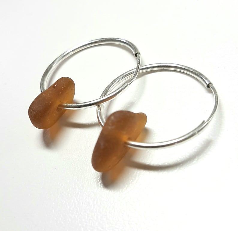 Sea Glass Jewelry, Amber Brown Hoop Earrings Genuine Sea Glass Sterling Silver Hoops, Jewellery, Seaglass, Beach Glass image 1