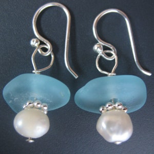 Aqua Blue Genuine Sea Glass Earrings - Sterling Silver, Seaglass Jewelry, Beach Glass, Freshwater Pearl