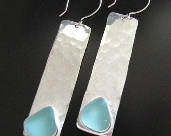 Sea Glass Earrings, Aqua Blue, Seaglass, Abyss Earrings, Seaglass Jewelry - Fine Silver, Sterling Silver, Beach Glass