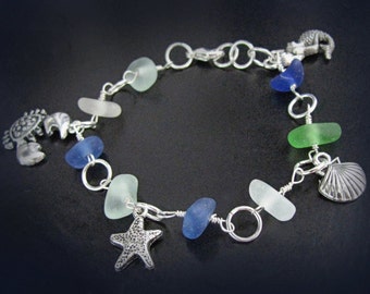 Color of the Sea - Genuine Sea Beach Glass - Blues, Green Sea Life, Silver Charm Bracelet, Beach Jewelry, Mermaid, Seastar, Crab, Clam