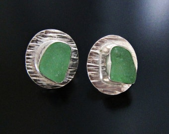 Sea Glass Earrings, Posts, Minty Green Seaglass, Jewelry, Jewellery, Fine Silver