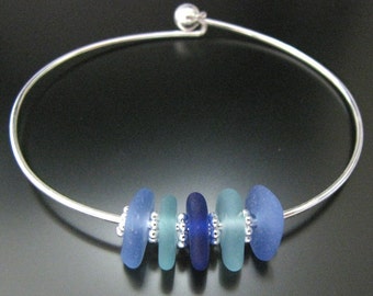 Rare Soft Blues and Colors of the Sea - Genuine Sea Glass - Bangle Bracelet, seaglass jewelry, beach glass