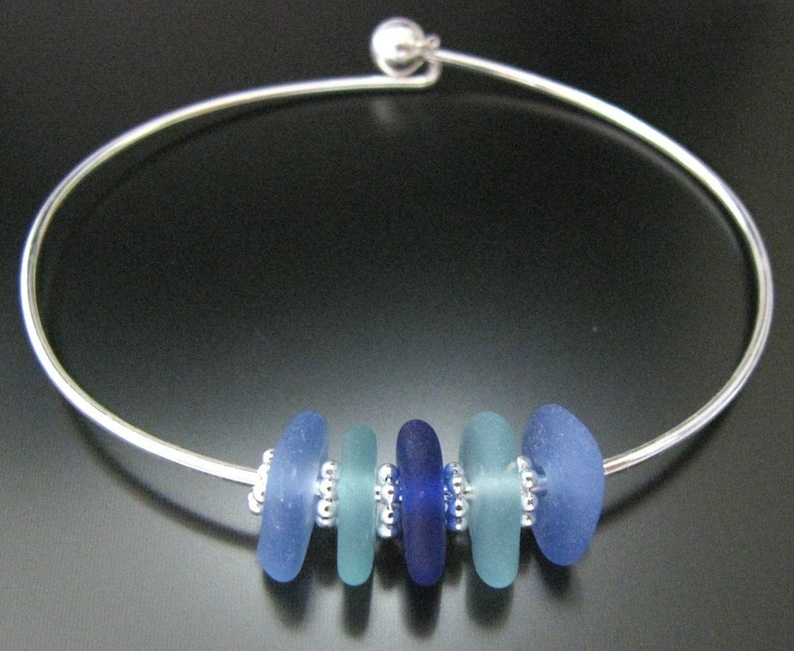 Rare Soft Blues and Colors of the Sea Genuine Sea Glass Bangle Bracelet, seaglass jewelry, beach glass image 1