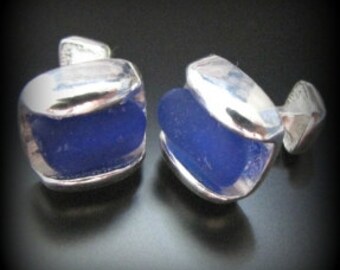 Sea Glass Jewelry, Cobalt Blue - Father's Day Sea Glass Jewelry Cufflinks- Sterling Silver and Seaglass, Jewellery, Beach Glass, Wedding