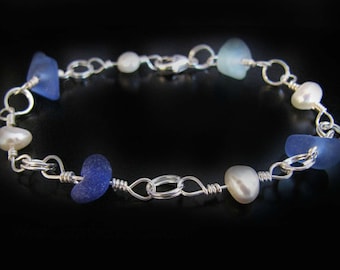 Ocean Blues & Pearls Sea Glass Bracelet, Seaglass, Sterling Silver, Beach Glass, Freshwater Pearl, Jewelry