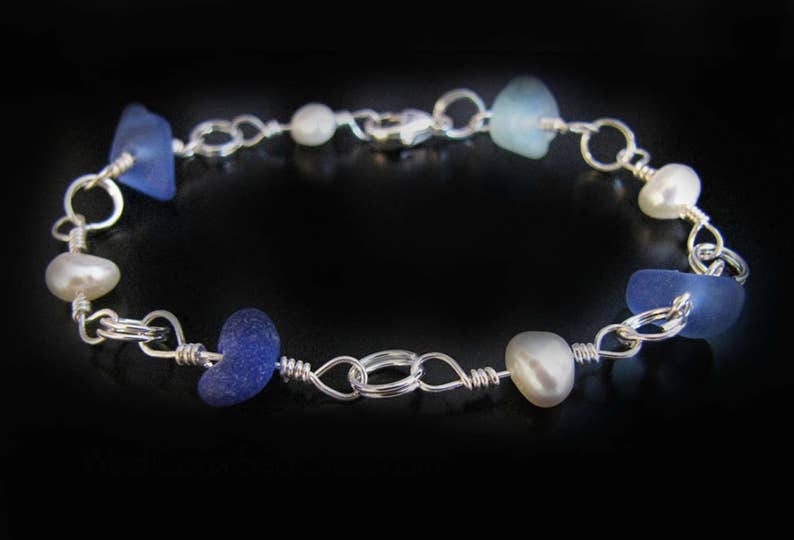 Ocean Blues & Pearls Sea Glass Bracelet, Seaglass, Sterling Silver, Beach Glass, Freshwater Pearl, Jewelry image 1