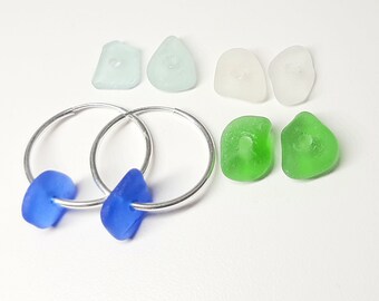 Sea Glass Jewelry Hoop Earrings - Four Pairs of Drilled Seaglass, Sterling Silver, w/Blue, Green, White & Aqua - 8 pieces total. Jewellery