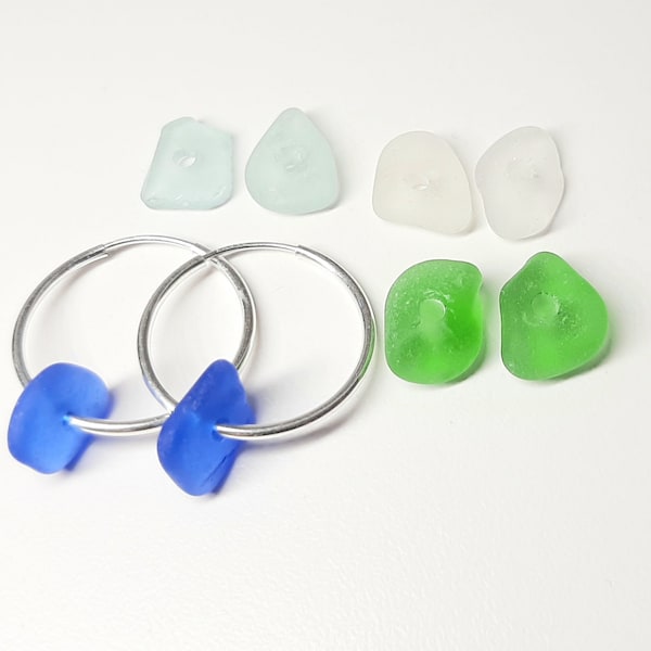 Sea Glass Jewelry Hoop Earrings - Four Pairs of Drilled Seaglass, Sterling Silver, w/Blue, Green, White & Aqua - 8 pieces total. Jewellery