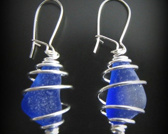 Sea Glass Jewelry, Cobalt Blue Sea Glass Earrings, Wire Wrapped, Sterling Silver, Jewellery, Beach Glass