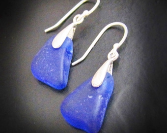 Cobalt Blue Mermaid Tears - Genuine Sea Glass Jewelry, Seaglass Earrings - Sterling Silver, French Hooks, Beach Glass Earrings