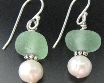 Soft Seafoam Green Sea Glass Earrings - Sterling Silver and Fresh Water Pearl, Seaglass Jewelry, Seaglass, Beach Glass, Beach Bride, Bridal