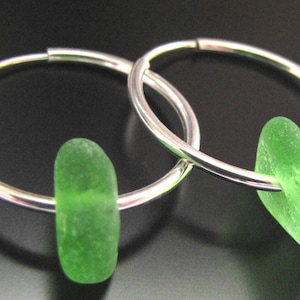 Sea Glass Jewelry, Emerald Green Genuine Sea Glass, Seaglass, Earrings, Sterling Silver Hoops, Jewellery, Beach Glass image 1