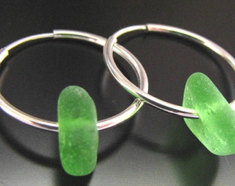 Sea Glass Jewelry, Emerald Green - Genuine Sea Glass, Seaglass, Earrings, Sterling Silver Hoops, Jewellery, Beach Glass