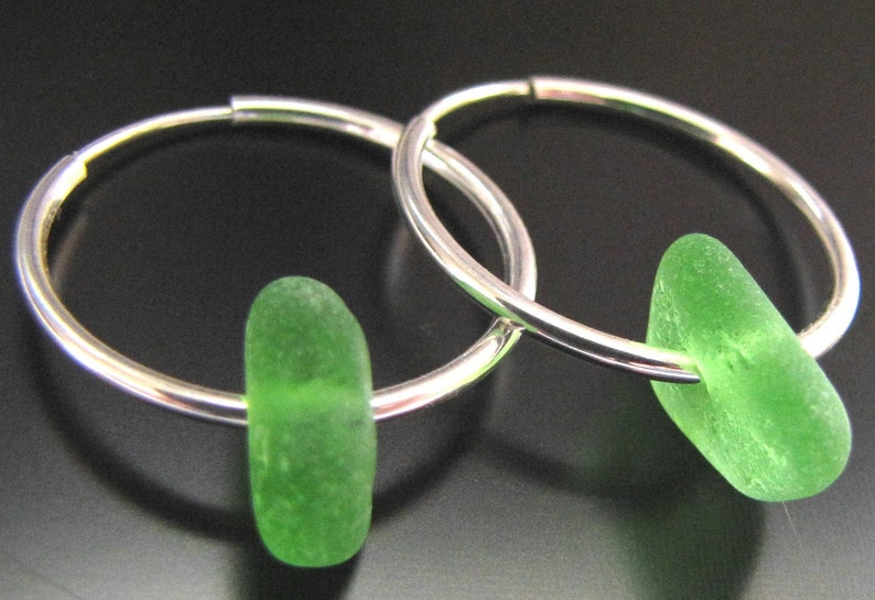 Sea Glass Jewelry, Emerald Green Genuine Sea Glass, Seaglass, Earrings, Sterling Silver Hoops, Jewellery, Beach Glass image 1