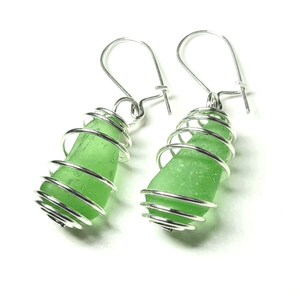 Sea Glass Jewelry, Emerald Green Sea Glass Earrings Wire Wrapped Sterling Silver, Jewellery, beach glass, seaglass image 1