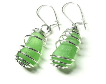 Sea Glass Jewelry, Emerald Green Sea Glass Earrings - Wire Wrapped - Sterling Silver, Jewellery, beach glass, seaglass