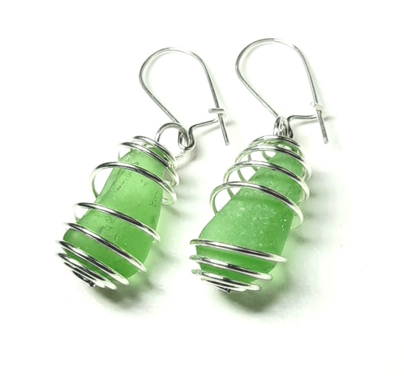 Sea Glass Jewelry, Emerald Green Sea Glass Earrings Wire Wrapped Sterling Silver, Jewellery, beach glass, seaglass image 1