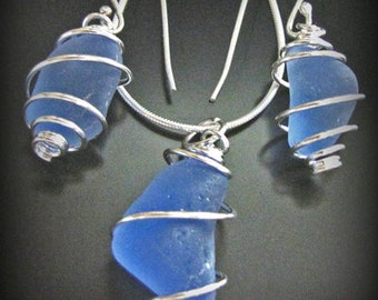 Rare Blue Sea Glass Necklace and Earrings, Jewelry Set, Genuine Beach Combed Cornflower Blue Spiral Wrapped SeaGlass, Jewellery,