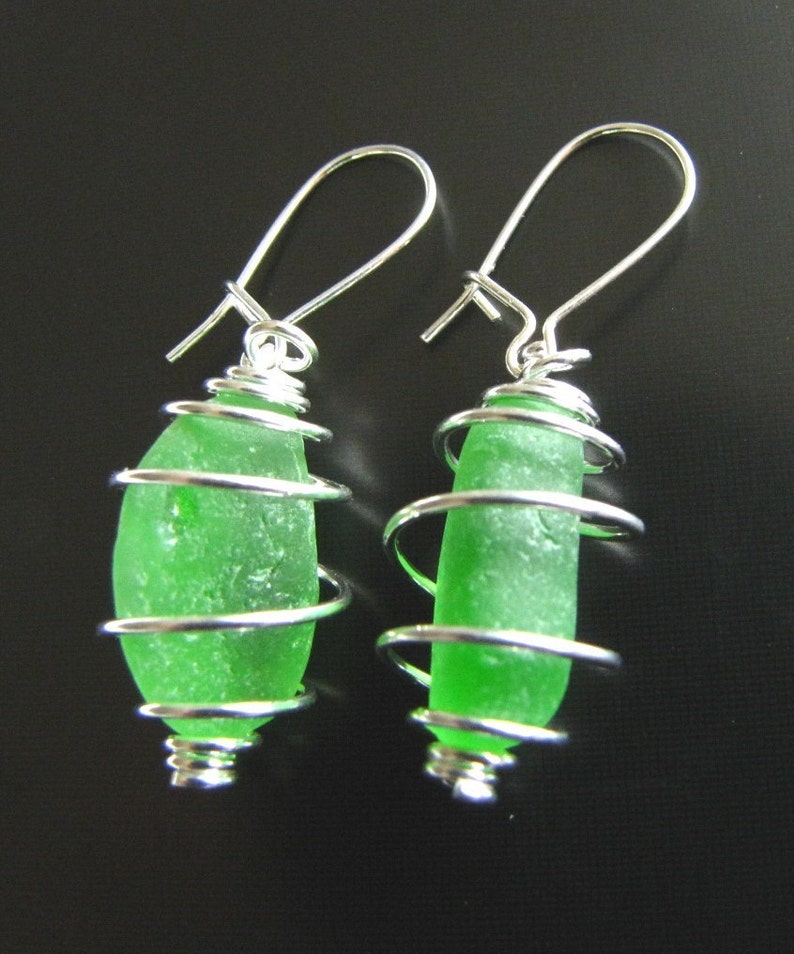 Sea Glass Jewelry, Emerald Green Sea Glass Earrings Wire Wrapped Sterling Silver, Jewellery, beach glass, seaglass image 3