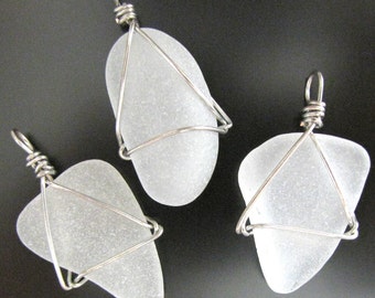 Sea Glass Jewelry, Bridal pendants, Wedding Party - Frosty, Three Pieces, White Seaglass, Jewellery