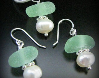 Sea Glass Jewelry, Genuine Beach Combed Seafoam Green & Pearl - Sea Glass Necklace and Earrings Gift Set, Jewellery, Seaglass, Beach Glass