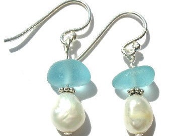 Aqua Blue Genuine Sea Glass Earrings, Sterling Silver, Seaglass jewelry, Beach Glass, Freshwater Pearl