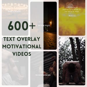 Puede incluir: Un collage de imágenes con superposiciones de texto. La imagen central dice "600+" y "TEXT OVERLAY MOTIVATIONAL VIDEOS". Otras imágenes incluyen "DON'T WASTE", una escena callejera y una cita de Rengoku. El texto adicional incluye "MIRROR" y "POV: YOU'RE FIGHTING GOKU."