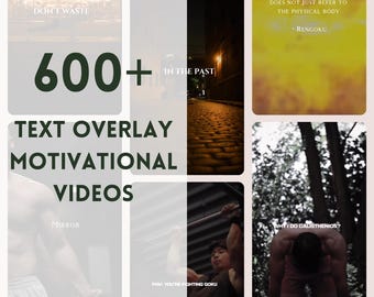Könnte beinhalten: Eine Collage von Bildern mit Textüberlagerungen. Das zentrale Bild zeigt "600+" und "TEXT OVERLAY MOTIVATIONAL VIDEOS". Weitere Bilder zeigen "DON'T WASTE", eine Straßenszene und ein Zitat von Rengoku. Zusätzlicher Text enthält "MIRROR" und "POV: YOU'RE FIGHTING GOKU."