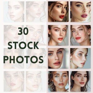 Op de afbeelding: Een collage van 30 stockfoto's met close-up portretten van een vrouw met verschillende make-up looks. De foto's zijn gerangschikt in een rasterpatroon en tonen verschillende belichtingen en hoeken.