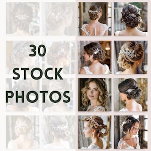 Op de afbeelding: Een collage van 30 stockfoto's met verschillende bruidskapsels met ingewikkelde haaraccessoires. De foto's tonen een verscheidenheid aan opsteekkapsels, vlechten en losse golven, allemaal versierd met delicate haarspelden, tiara's en pinnen.
