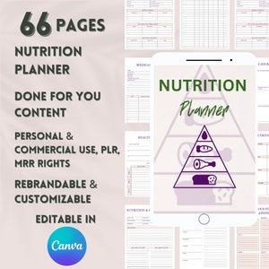 May include: A digital planner with a purple and white food pyramid graphic. The planner is titled "Nutrition Planner" and has 66 pages. The text "Done for you content" is also included. The planner is customizable and editable in Canva.