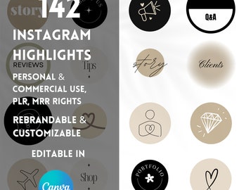 May include: A set of 12 Instagram highlight covers featuring various icons and text. The icons include a megaphone, a diamond, a heart, a flower, a person, a plane, and a shop. The text includes "story", "Q&A", "Clients", "Tips", "Portfolio", and "Shop". The covers are in black and white with a beige background.